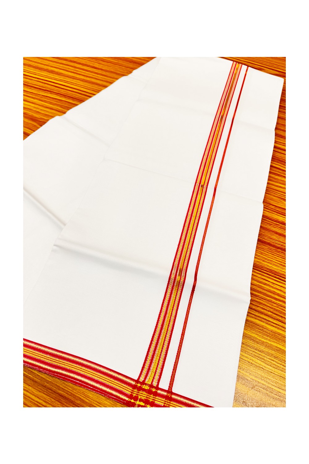 20% OFFER!! KaithariKada 100% Cotton PURE WHITE SINGLE Mundu/Dhoti-40X40 Designer Orange+Red & Kasavu Zazri 3 cm (2 meter / 4 muzham) Kara- 27sar