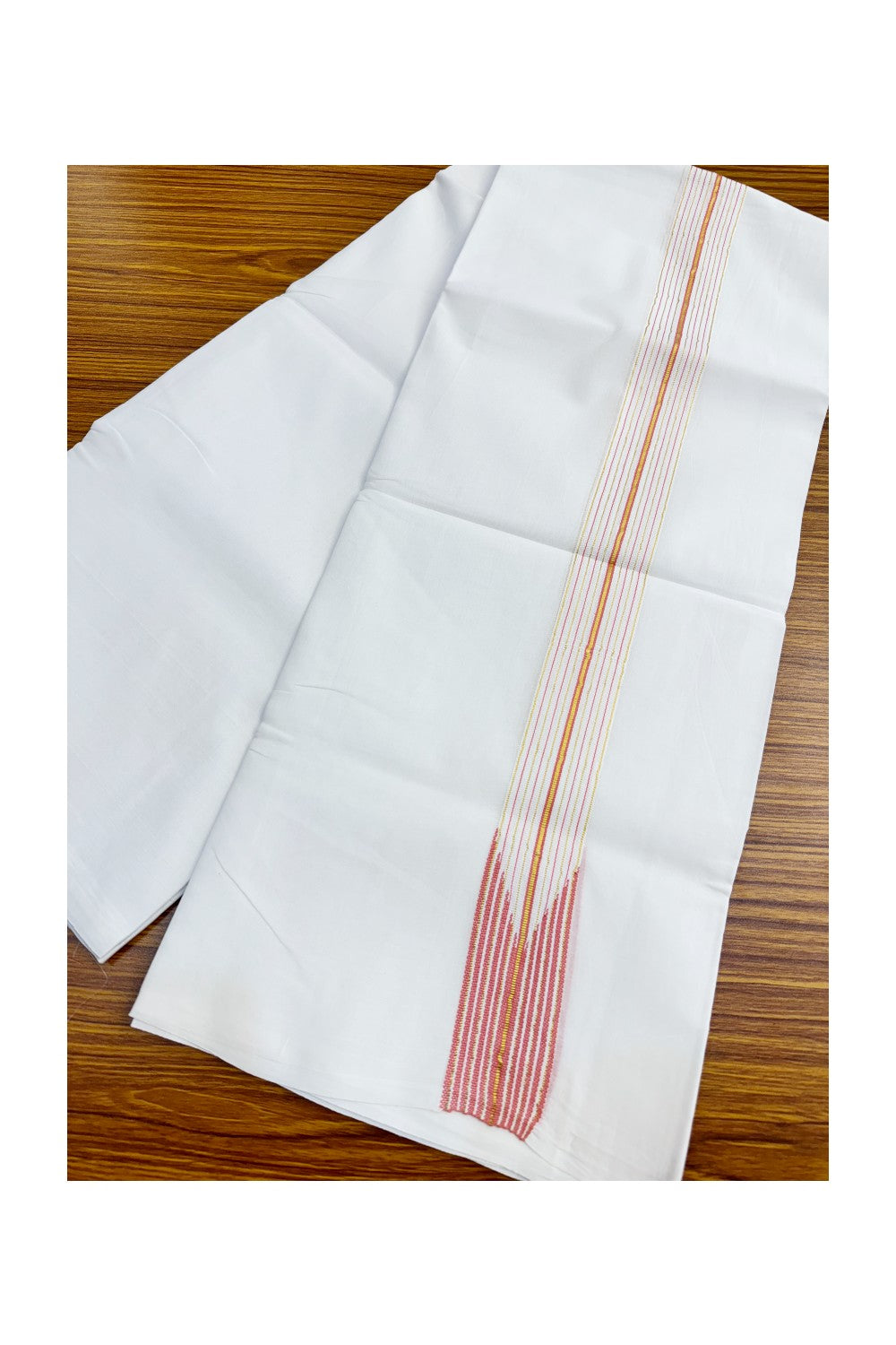 24% DISCOUNT ! KaithariKada 100% Cotton PURE WHITE Double Dhoti/Mundu-  1.75 Inch 12 Line Puliyilakkara Chutty PEACH PINK & Kasavu Stripes-KK47ASH-27.