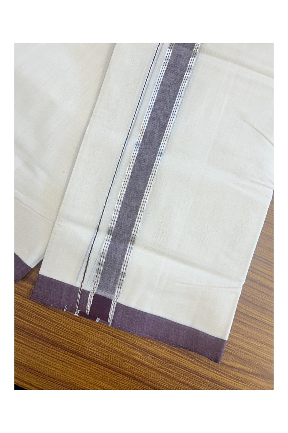 31% DISCOUNT!! KaithariKada HANDLOOM Millpaav Balaramapuram - 100% PURE Cotton OFF White Double - (Unbleached) Mundu/Dothi - 1.75 Inch Silver Kasav Dark Purple kara - 27kk5153RAM