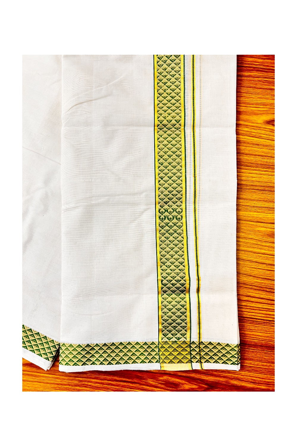30% DISCOUNT ! KaithariKada HANDLOOM Unakkupaav Balaramapuram - 100% PURE Cotton 3.75 Meter Off White (Unbleached) Double Mundu/Dhoti - Green Check & KASAVU DESIGN 2.5 Inch KARA 3 mtr - ABH27