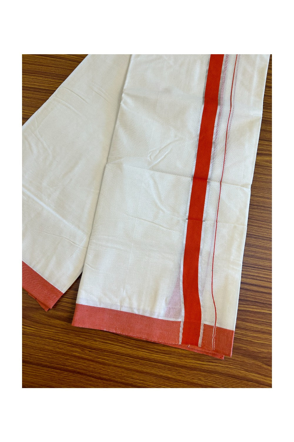 10% DISCOUNT! KaithariKada Balaramapuram 100% Cotton Double Off white - (Unbleached) Mundu/Dhoti-100X100- 2 inch Orange & Silver  Kara- 27KK500KK