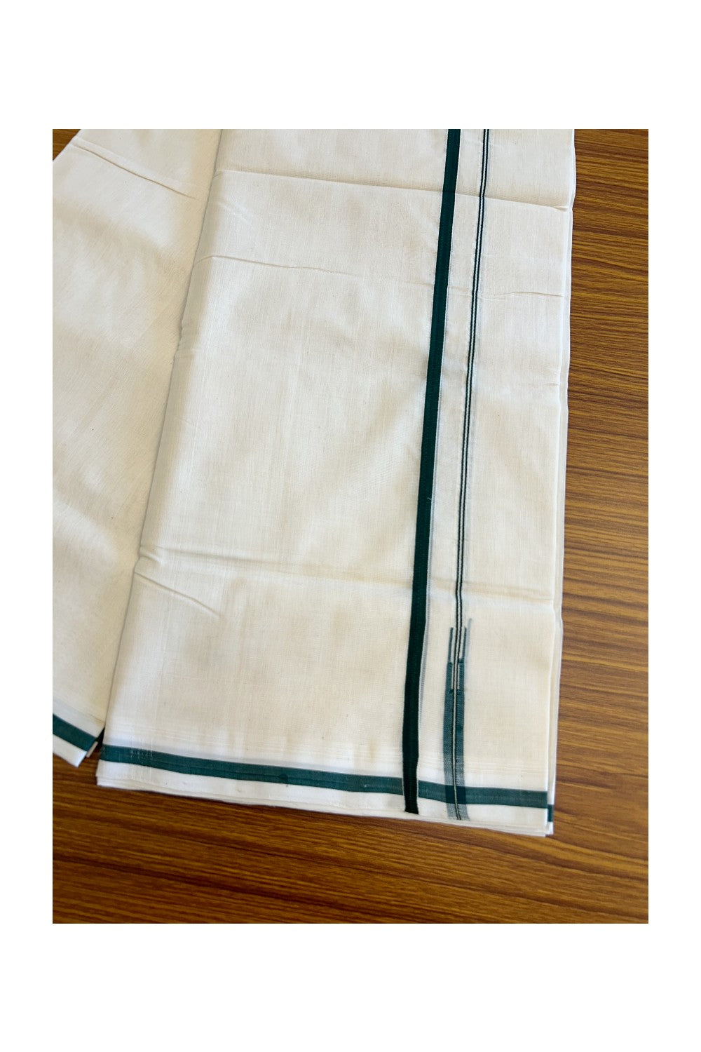 25% Discount KaithariKada HANDLOOM UNAKKUPAAV Balaramapuram - 100% PURE Cotton off white (Unbleached) Double Mundu/Dhoti -  1.cm PULIYILAKKARA Green Chutty Kara-97