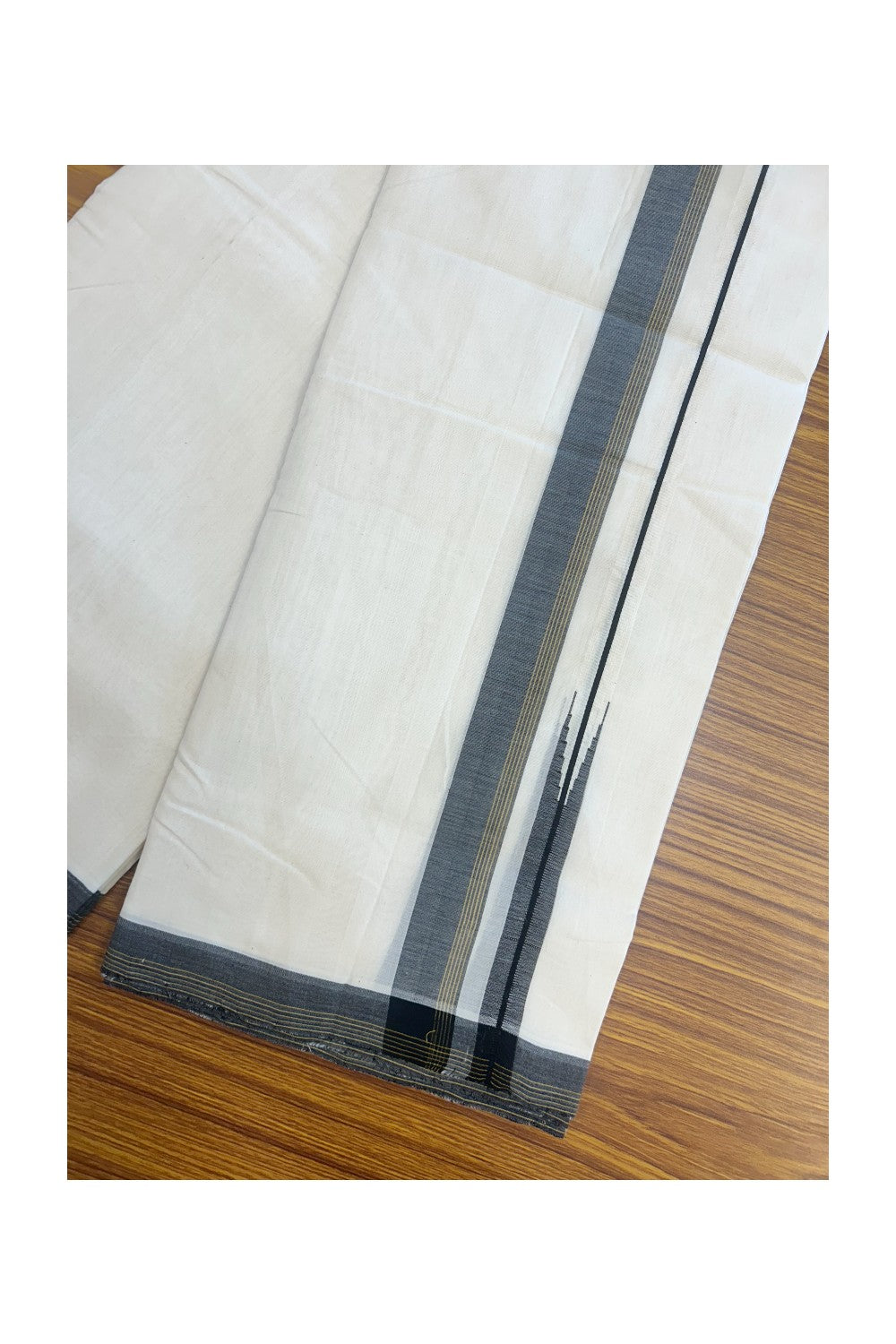 25% DISCOUNT!! KaithariKada HANDLOOM  UNAKKUPAAV Balaramapuram - 100% PURE Cotton OFF White - 100x100 - (Unbleached) Double Mundu/Dothi - Puliyilakkara 3 cm Black & Mustard Yellow striped chutty 3.80 meter (8.5 Muzham) - 9KK5167REA