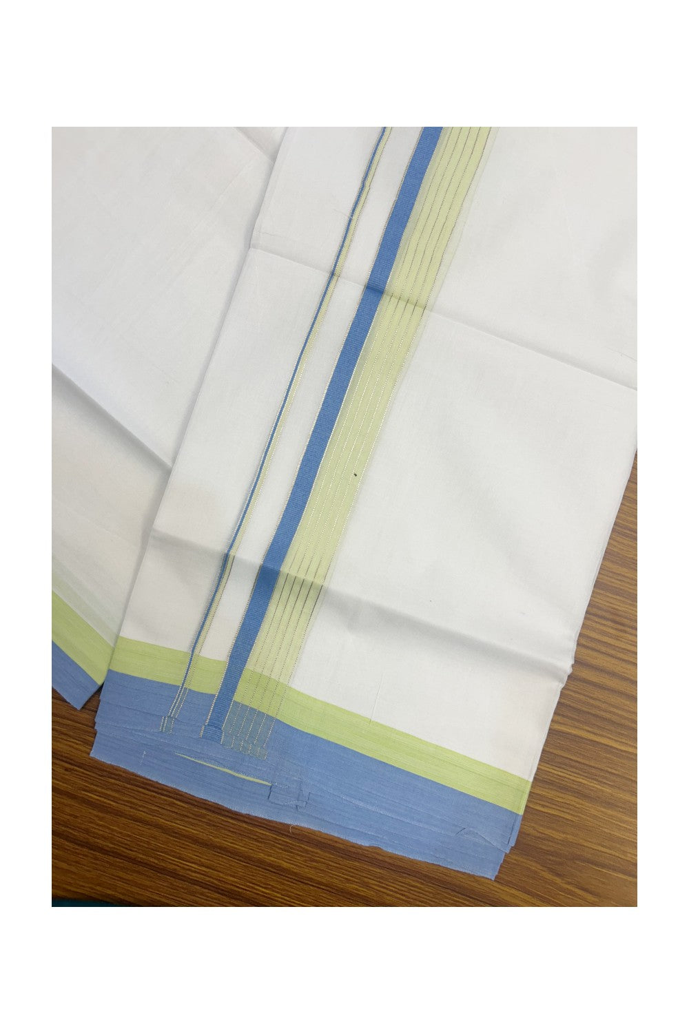 20% DISCOUNT ! KaithariKada Balaramapuram 100% Cotton Double PURE WHITE Mundu/Dhoti - 100X80 - 1.5 inch Silver kasavu Blue & Yellow Green Shaded Stripes kara - 26KK5172PMC
