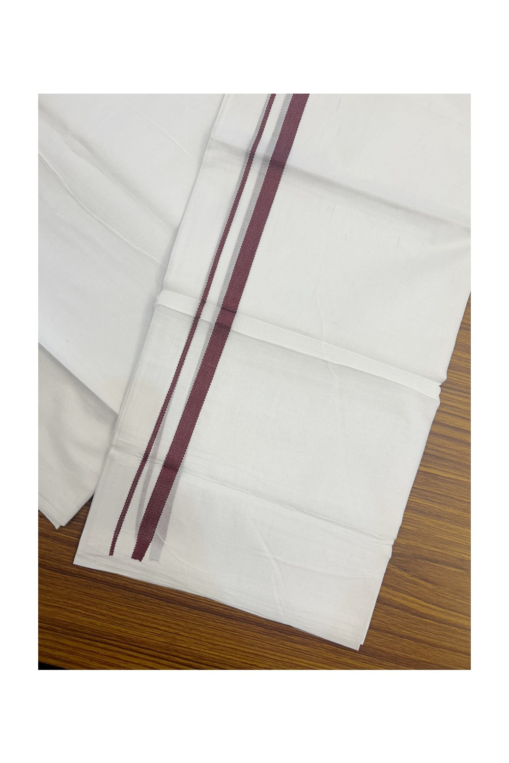 20% DISCOUNT!! KaithariKada Balaramapuram 100% Cotton PURE WHITE DOUBLE Mundu/Dhoti - 100x80 - 0.5 inch Maroon Design Kara - 27KK5174THI
