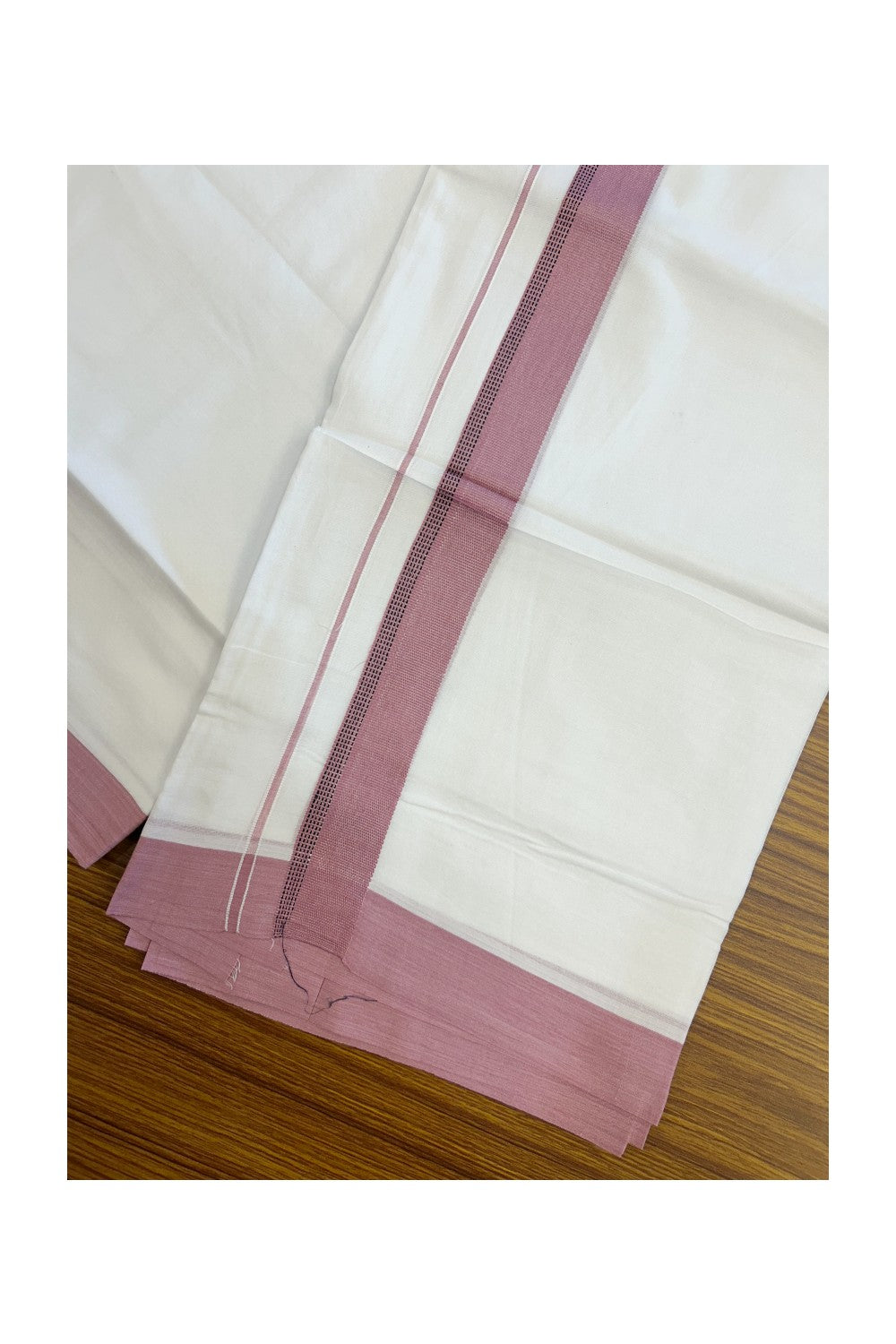 20% Discount ! Kaitharikada Balaramapuram 100% Cotton PURE WHITE Double Mundu/Dothi - 100x80 - 1.25 inch Dusty Rose & Black Side Striped Kara - 27KK5183VIN