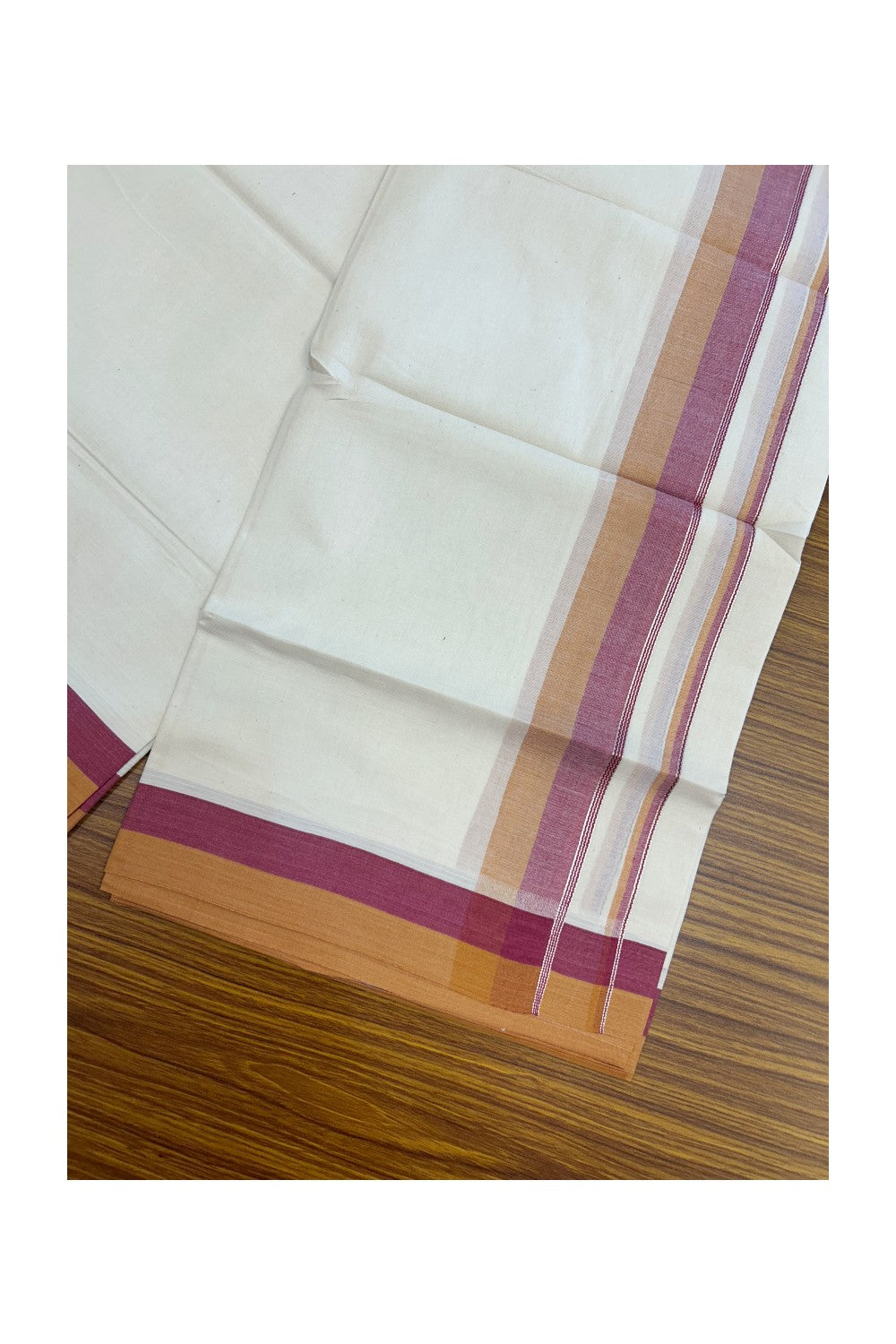 20% DISCOUNT !! KaithariKada Balaramapuram 100% Pure Cotton Double Off white - (Unbleached) Mundu/Dhoti-100x100 - 1.5 inch Puliyilakkara Silver Kasavu Mustard Yellow & Maroon Shaded Stripes Kara - 27KK5186CKS