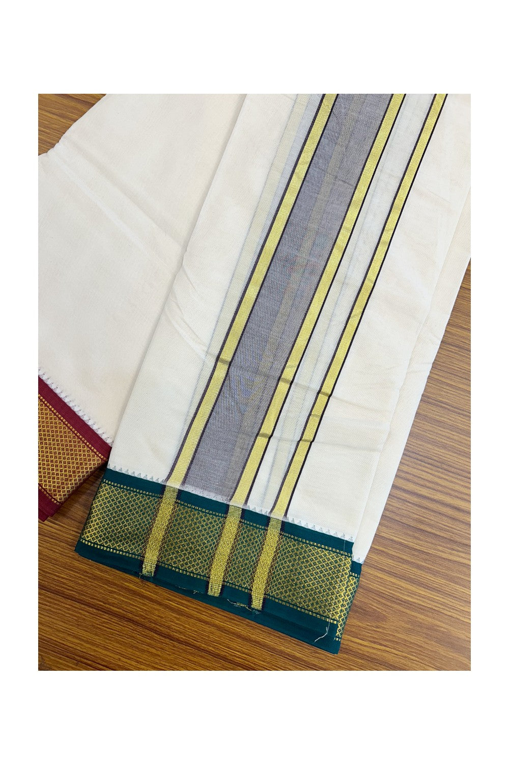 20% DISCOUNT! KaithariKada 100% Cotton Off White - (Unbleached) 100x100 thread - NORTH INDIAN- ATTACHED GAMCHA 9x5 Dhoti 2.5 inch Violet kara with Maroon & Dark Green Kasavu border - 27KK5196PMC