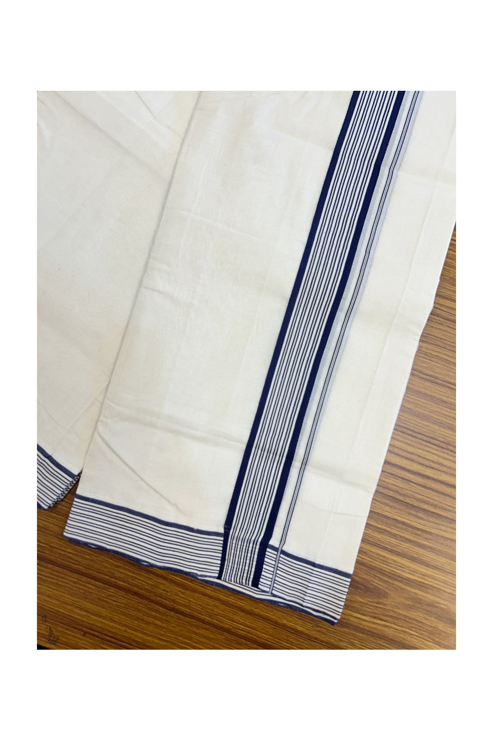 25% DISCOUNT!! KaithariKada HANDLOOM  UNAKKUPAAV Balaramapuram - 100% PURE Cotton OFF White - (Unbleached) Double Mundu/Dothi - 80X100 - 1.75 inch Navy Blue Striped Kara - 27KK5209 REA