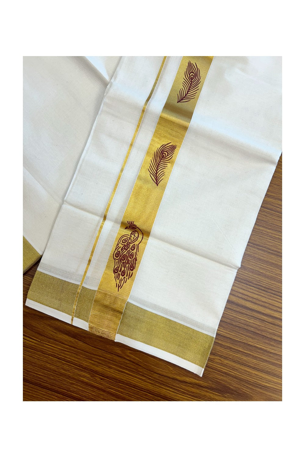 22% Discount!! KaithariKada Balaramapuram 100% Cotton DOUBLE OFF WHITE - (Ubleached) Mundu/Dhoti - 80x90 - 1.5 inch Gold Kasavu with Maroon Peacock & Peacock Feather Printed Design Kara - 27KK5219 GAN