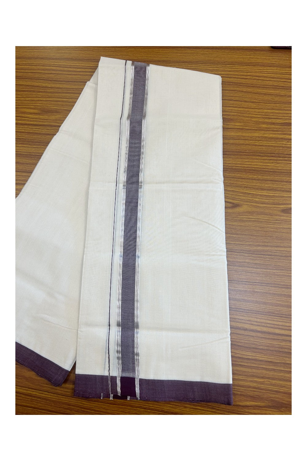 31% DISCOUNT!! KaithariKada HANDLOOM Millpaav Balaramapuram - 100% PURE Cotton OFF White Double - (Unbleached) Mundu/Dothi - 1.75 Inch Silver Kasav Dark Purple kara - 27kk5153RAM