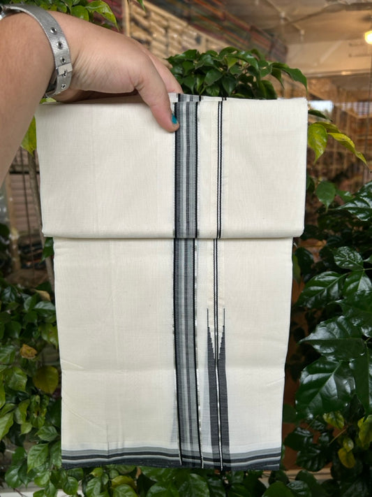 25% DISCOUNT!! KaithariKada HANDLOOM  UNAKKUPAAV Balaramapuram - 100% PURE Cotton OFF White - (Unbleached) Double Mundu/Dothi - 100 x 80 - Ash Black Grey Chutty Silver Kasav Kara - 3.80 meter (8.5 Mulam) - 28 KK5249 REA