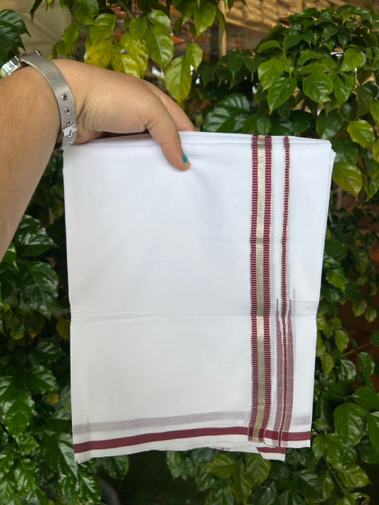 20% Discount ! NEW! KaithariKada Balaramapuram 100% Cotton Pure white Double Mundu/Dhoti - (100x80)s - 0.75 inch Maroon Chutty Silver Kasav - 28 KK5252 CKS