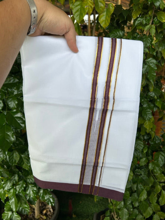 24% Discount! KaithariKada Balaramapuram 100% Cotton Pure white Double Mundu/Dhoti - (100x80)s - 1.5 inch Puliyilakkara Wine Brown Stripes Chutty - 28 KK5258 THI