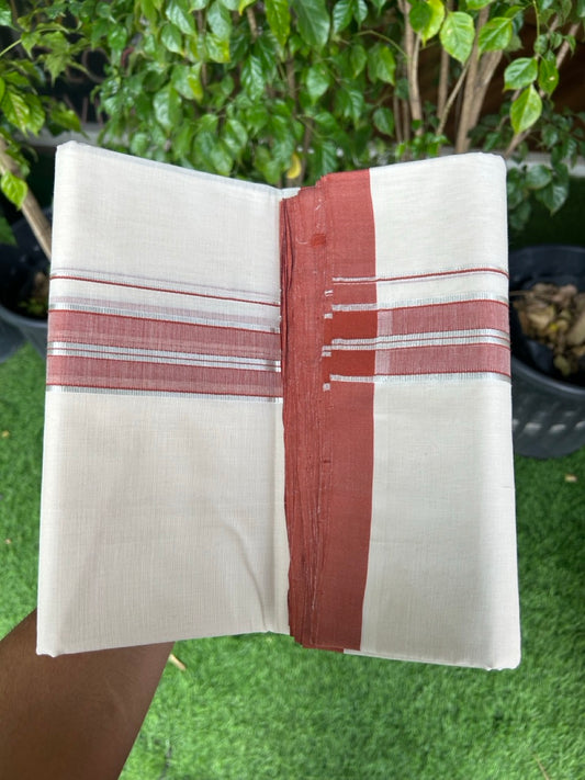 31% DISCOUNT!! KaithariKada HANDLOOM Millpaav Balaramapuram - 100% PURE Cotton OFF White Double - (Unbleached) Mundu/Dothi - 1.75 Inch Silver Kasav Brick Red - 28kk5153RAM