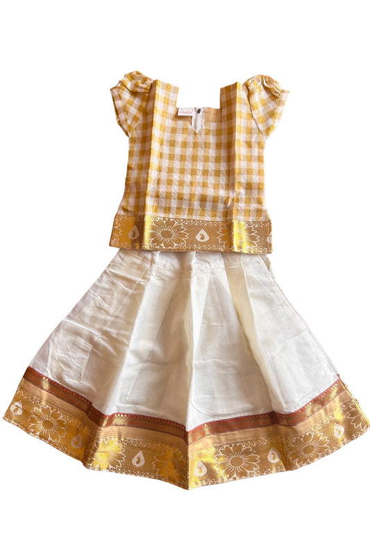 Midukki-Traditional South Indian Kids Pattu Pavada-  offwhite check top offwhite skirt with kasavu- Age 3 - KK3MID0028