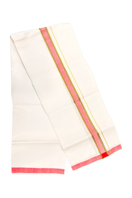 30% OFFER! KaithariKada 100% Cotton Balaramapuram HANDLOOM Single PURE WHITE Mundu/Dhoti - 1.75 inch (2 meter / 4 muzham) Pinkish Red Kasavu Kara & Stripes Design - 28KAI.