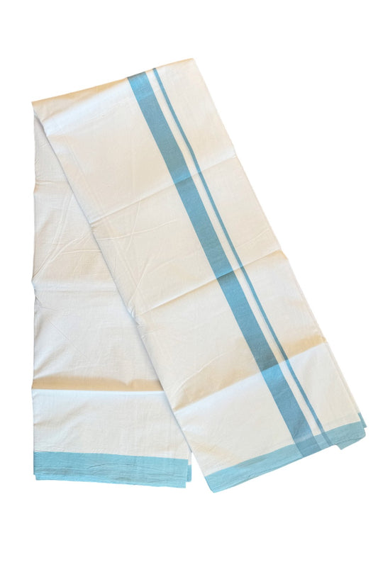 30% Discount! KaithariKada Balaramapuram Handloom 100% Millpaav Cotton Double Mundu/Dhoti Pure white - 100x100 Sky blue Mulloth Border - 28KK404RAM