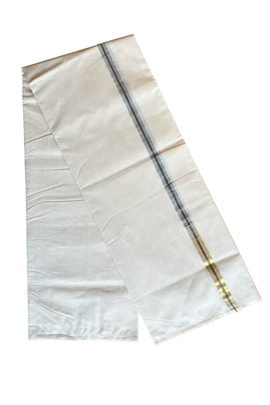 30% DISCOUNT!! KaithariKada HANDLOOM Millpaav Balaramapuram - 100% PURE Cotton OFF White - (Unbleached) Double Mundu/Dothi - 0.75 inch Puliyilakkara long chutty Kasavu & Black stripes kara - 28KK462RAM