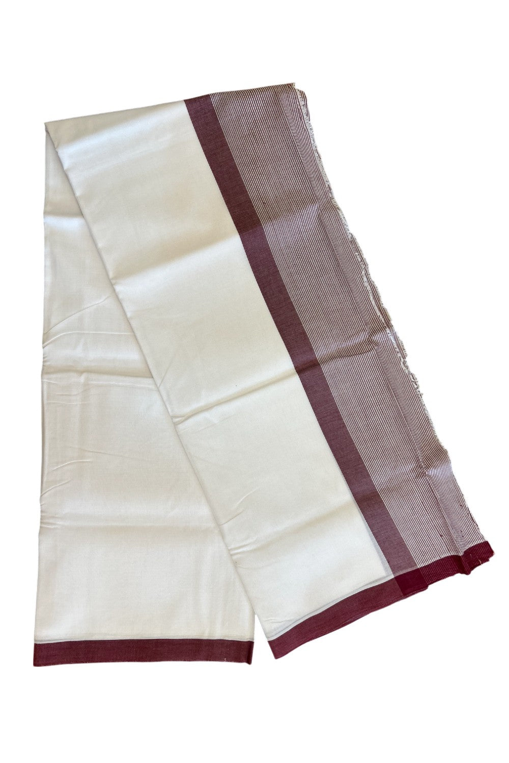 27% DISCOUNT!! KaithariKada Balaramapuram 100% Cotton PURE WHITE Double Mundu/Dhoti-100x100 - 4.5 inch Maroon & white striped kara - 28KK5043ASH