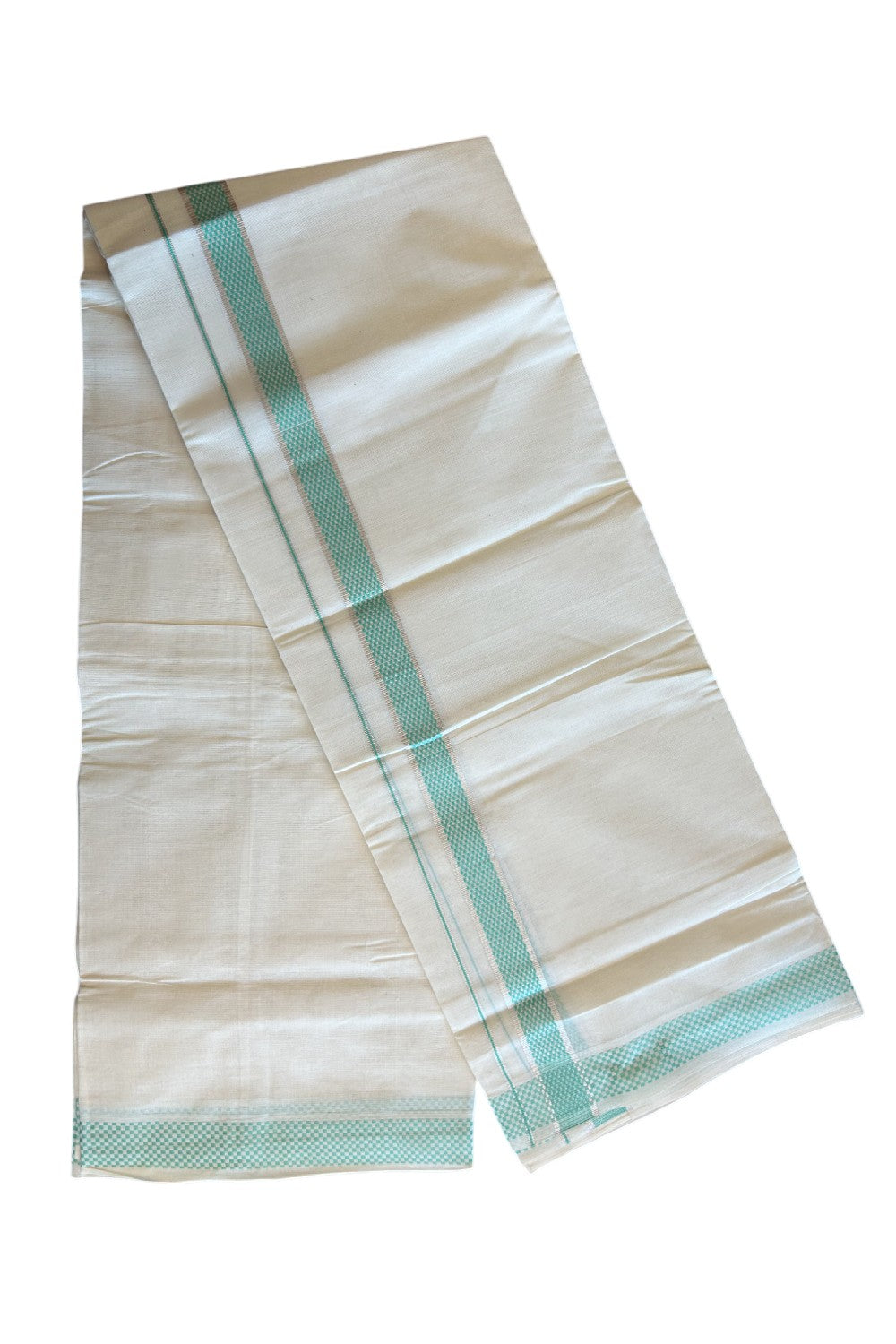 20% DISCOUNT ! KaithariKada Balaramapuram 100% Cotton Double off white  (Unbleached) Mundu/Dhoti - 100X90 - 1.75 inch Silver kasavu & Turquoise Green Check jacquard design kara - 28KK5113PMC
