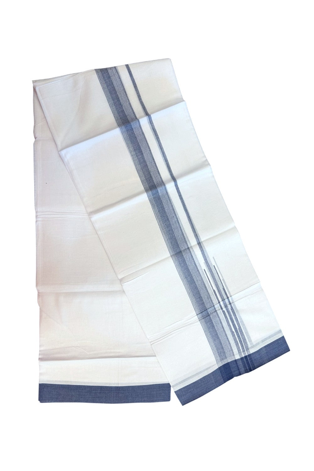 25% DISCOUNT!!! KaithariKada Balaramapuram 100% Cotton DOUBLE PURE WHITE Mundu/Dhoti - 80X80 - 1.5 Inch Steel Blue & White Shaded Side Stripes Chutty kara - 28KK5171GAN