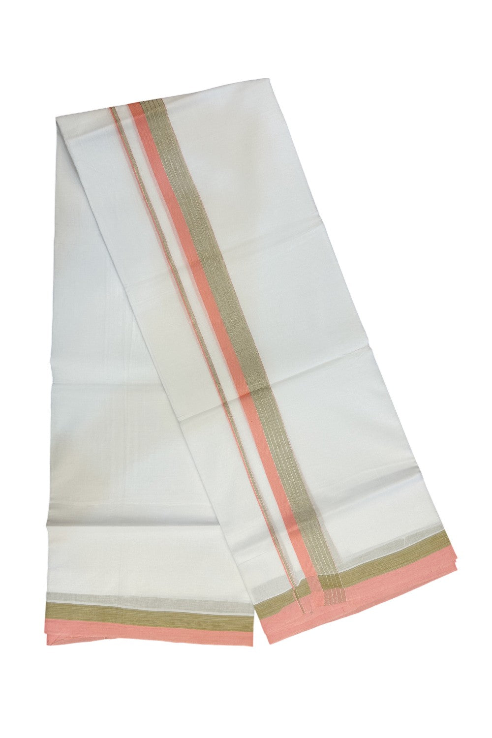20% DISCOUNT ! KaithariKada Balaramapuram 100% Cotton Double PURE WHITE Mundu/Dhoti - 100X80 - 1.5 inch Silver kasavu Peach & Beige Shaded Stripes kara - 27KK5172PMC