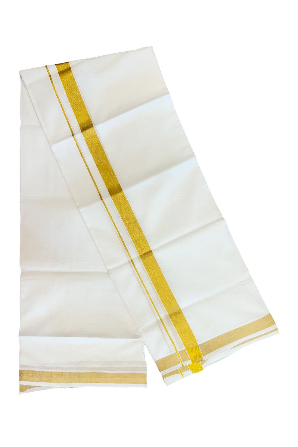 20% DISCOUNT! Kaitharikada Balaramapuram 100% Cotton PURE WHITE Double Mundu/Dothi - 80x80 - 1 Inch Gold Kasav Kara - 28KK5182VAS