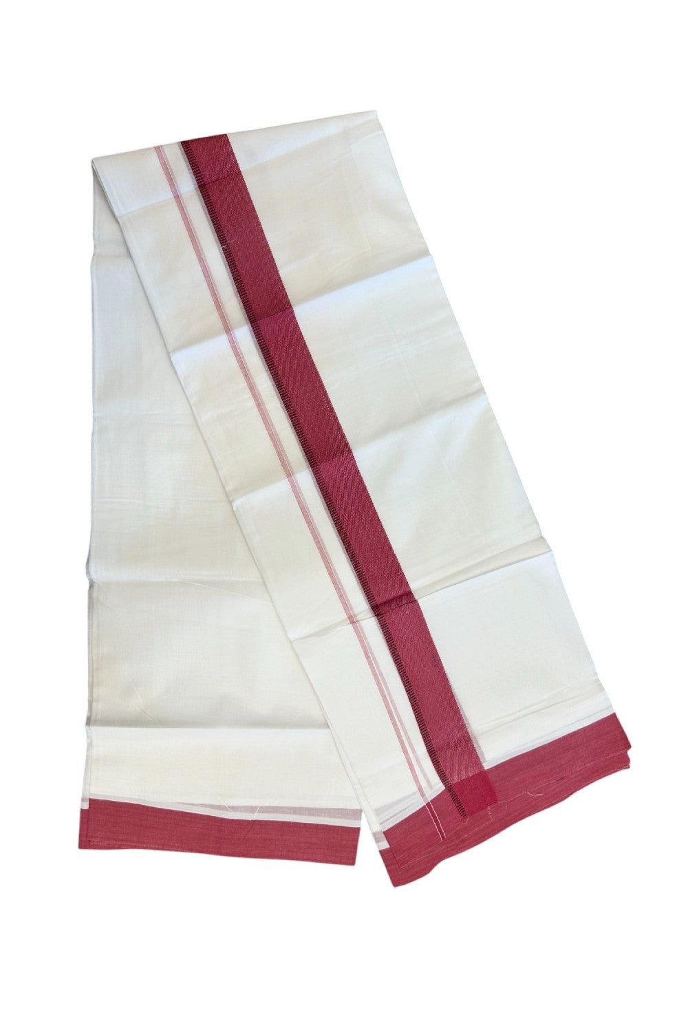 20% Discount ! Kaitharikada Balaramapuram 100% Cotton PURE WHITE Double Mundu/Dothi - 100x80 - 1.5 inch Bright Maroon & Black Side Striped Kara - 28KK5183VIN