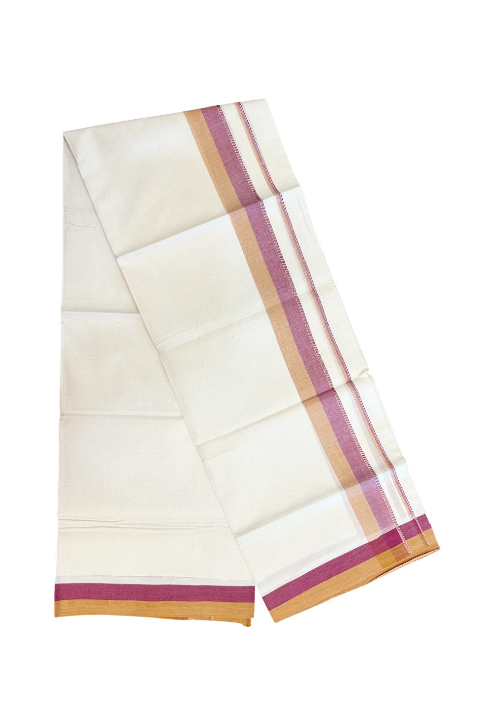 20% DISCOUNT !! KaithariKada Balaramapuram 100% Pure Cotton Double Off white - (Unbleached) Mundu/Dhoti-100x100 - 1.5 inch Puliyilakkara Silver Kasavu Mustard Yellow & Maroon Shaded Stripes Kara - 27KK5186CKS