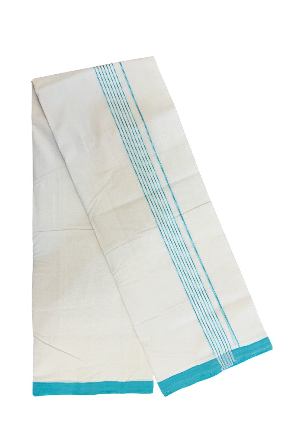 25% DISCOUNT!! KaithariKada HANDLOOM  UNAKKUPAAV Balaramapuram - 100% PURE Cotton OFF White - (Unbleached) Double Mundu/Dothi - 80x100 - 1.5 inch Turquoise blue stripes pattern kara 3.80 meter (8.5 Muzham) - 28KK5209 REA