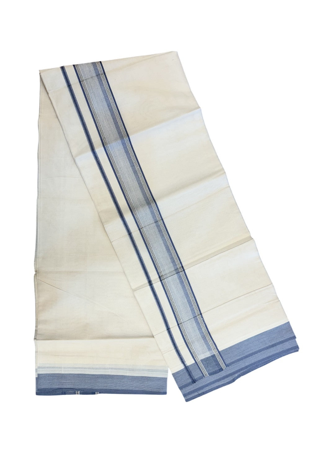 20% DISCOUNT ! KaithariKada Balaramapuram 100%  Cotton OFF WHITE (Unbleached) Double  Mundu/Dhoti - 100X80 - 2 inch Dark Pastel Blue & Black Shaded Designer Kara - 28KK5213 VIN