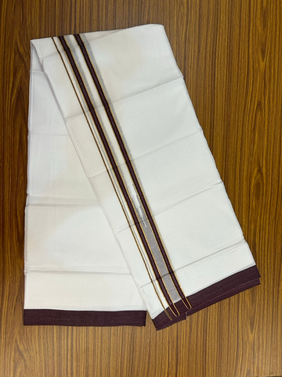 24% Discount! KaithariKada Balaramapuram 100% Cotton Pure white Double Mundu/Dhoti - (100x80)s - 1.5 inch Puliyilakkara Wine Brown Stripes Chutty - 28 KK5258 THI
