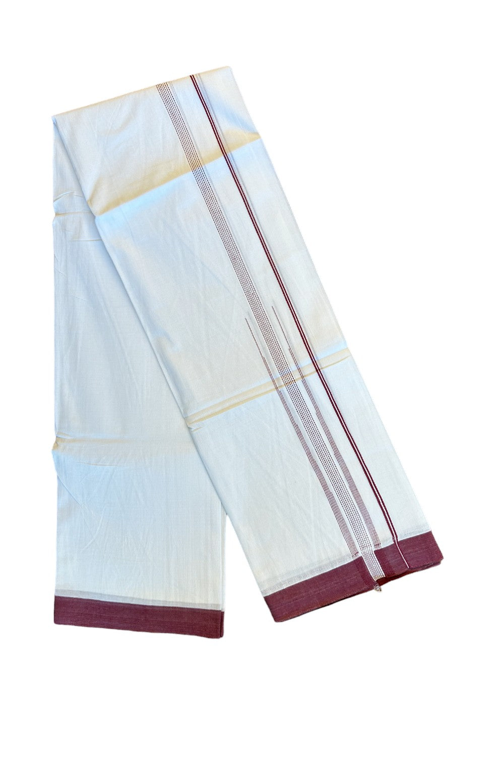 22% DISCOUNT!! Kaitharikada Balaramapuram 100% Cotton PURE WHITE Double Mundu/Dothi-100x100  2 Inch MAROON Striped Cotton Kara 3.80m (8 Muzham) - 28KK74RAM