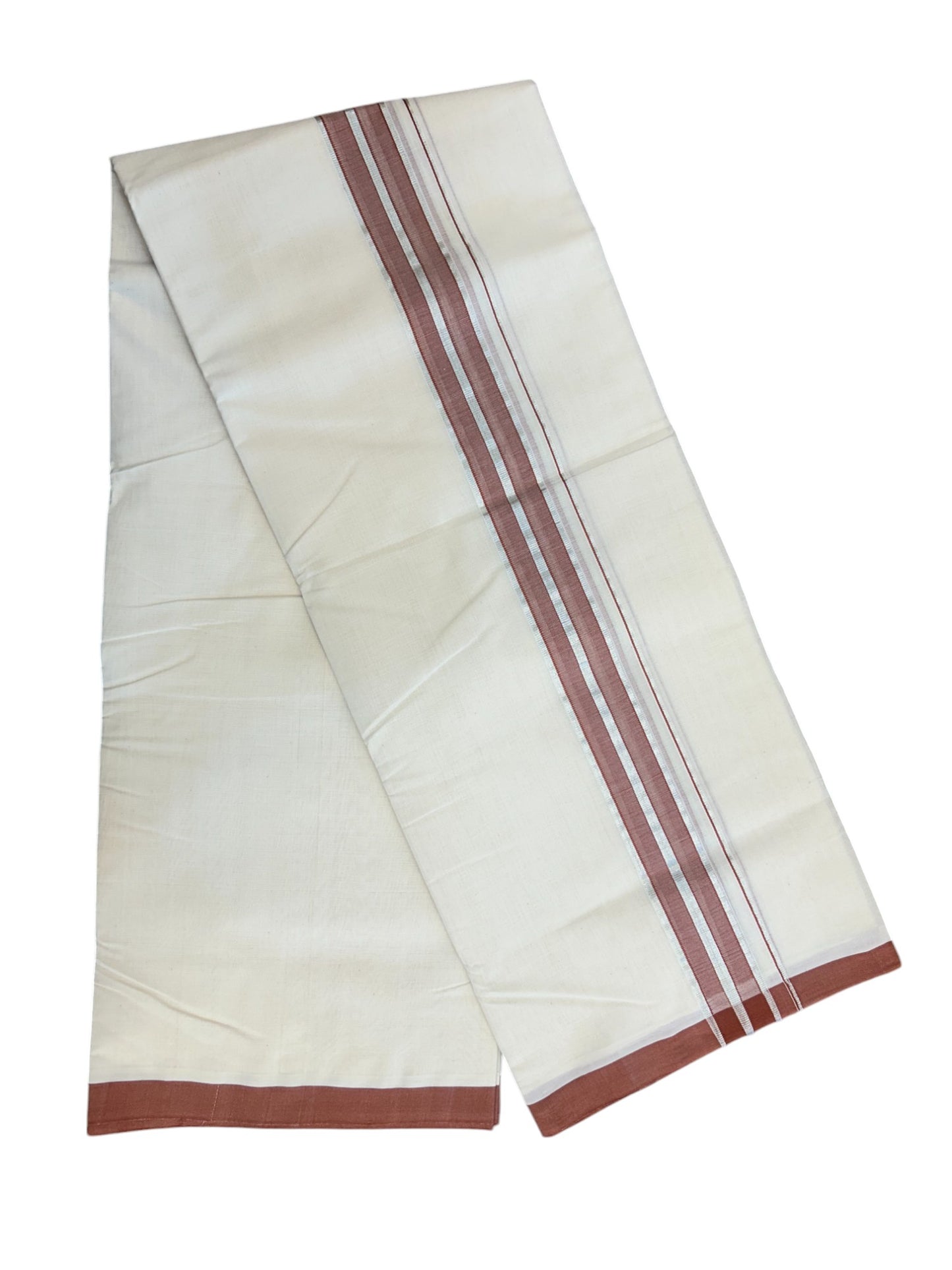 31% DISCOUNT!! KaithariKada HANDLOOM Millpaav Balaramapuram - 100% PURE Cotton OFF White Double - (Unbleached) Mundu/Dothi - 1.75 Inch Silver Kasav Brick Red - 28kk5153RAM