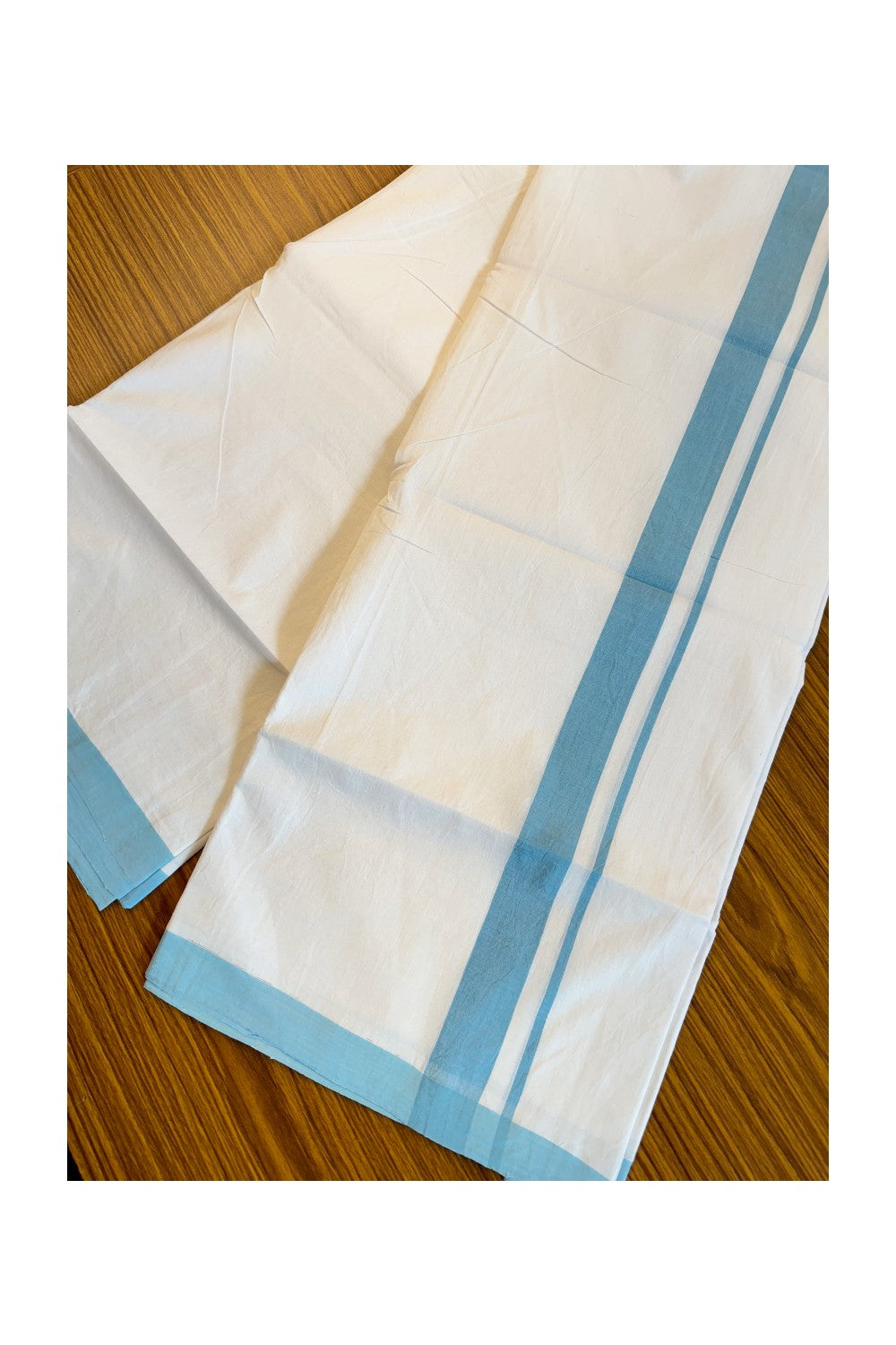 30% Discount! KaithariKada Balaramapuram Handloom 100% Millpaav Cotton Double Mundu/Dhoti Pure white - 100x100 Sky blue Mulloth Border - 28KK404RAM