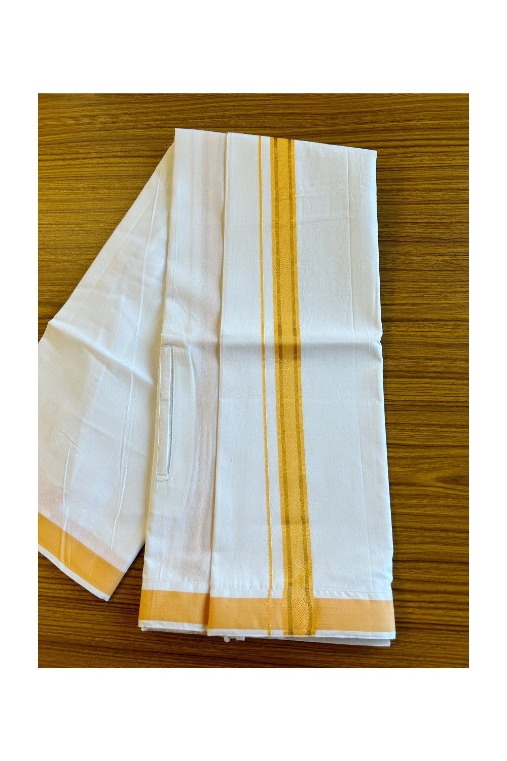 KaithariKada Balaramapuram COTTON SINGLE PURE WHITE VELCRO Mundu/Dhoti - 1.75inch Orange &  Kasavu kara  (2 metre / 4 muzham) - 27KK485SRI