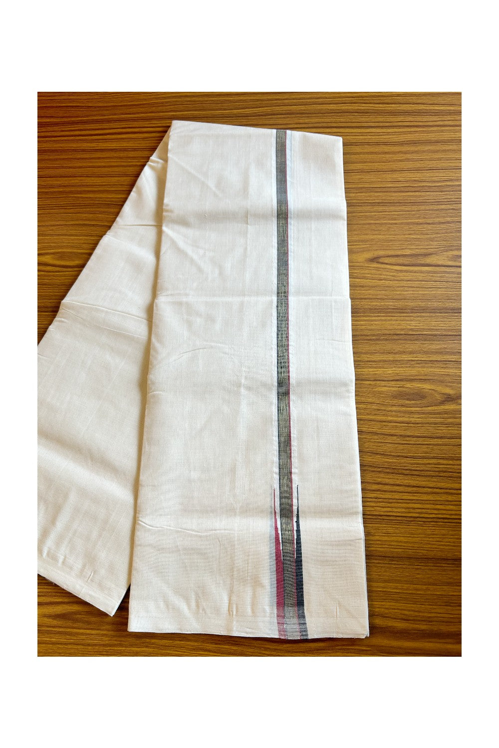 30% DISCOUNT!! KaithariKada HANDLOOM Millpaav Balaramapuram - 100% PURE Cotton OFF White Double - (Unbleached) Mundu/Dothi - 1 inch puliyilakkara Kasavu Shaded Black & Red Chutty - 28KK5011RAM