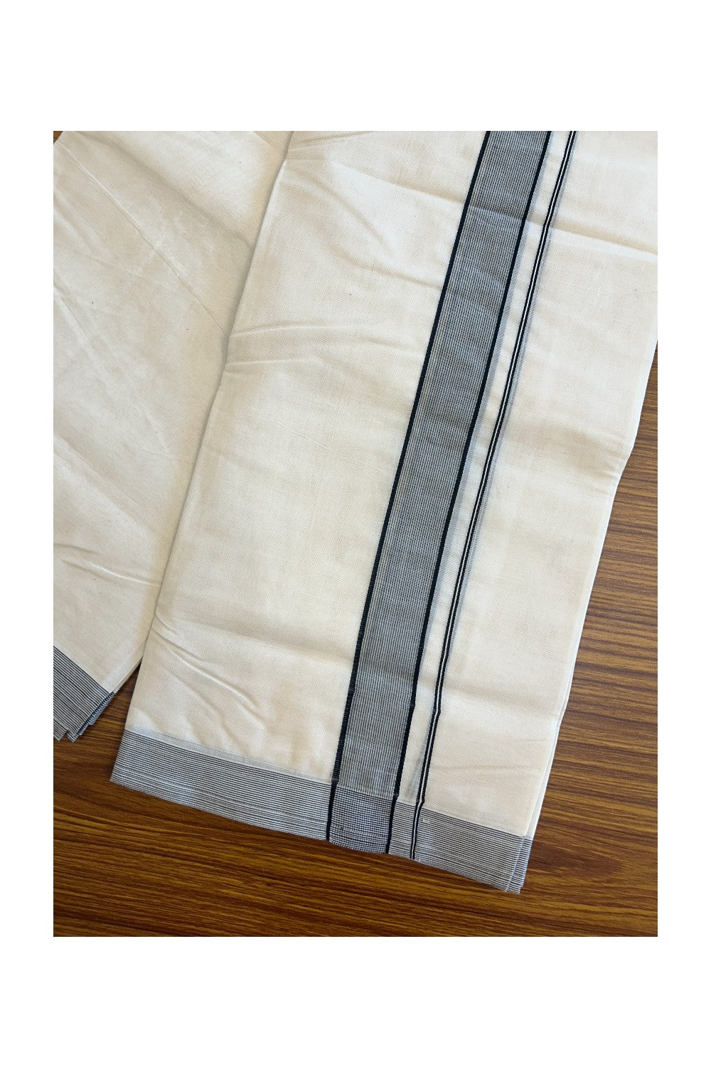 20% DISCOUNT! KaithariKada Balaramapuram 100% Cotton Double Off white- (Unbleached) - Mundu/Dhoti-100x100 - 1.75inch Black Stripes Kara - 4