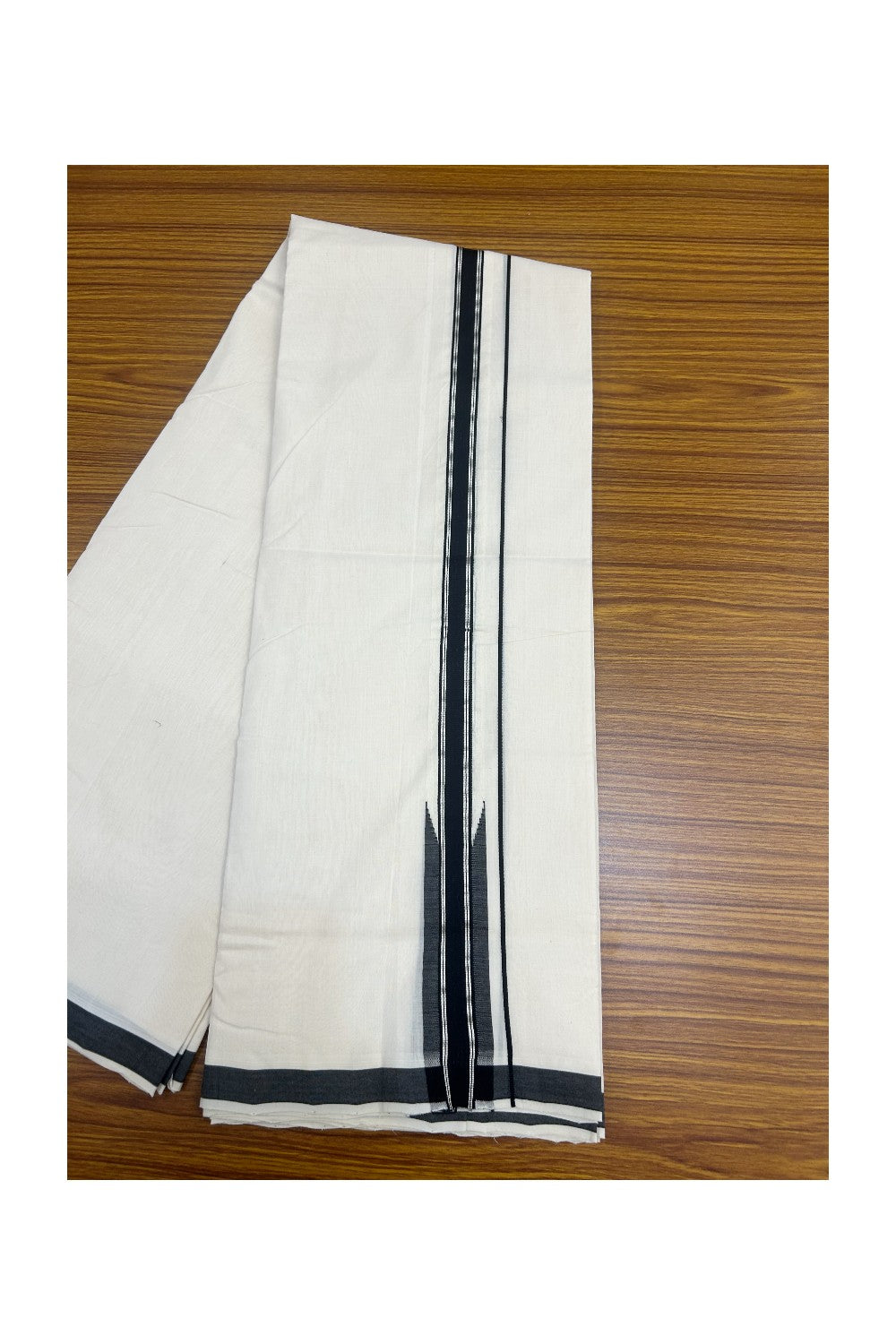 25% DISCOUNT!! KaithariKada HANDLOOM  UNAKKUPAAV Balaramapuram - 100% PURE Cotton OFF White - (Unbleached) Double Mundu/Dothi - 120(Twisted)X 100 - 1.5 inch Silver kasavu stripes Black Puliyilakkara chutty 3.80 meter (8.5 Muzham) - 24KK5167REA
