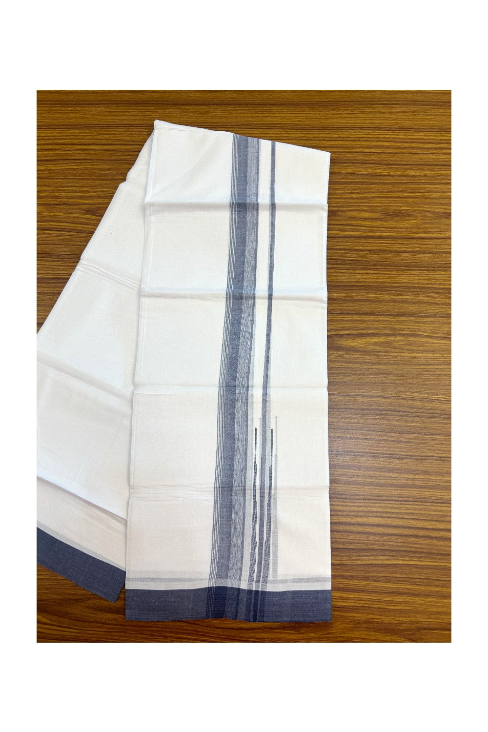 25% DISCOUNT!!! KaithariKada Balaramapuram 100% Cotton DOUBLE PURE WHITE Mundu/Dhoti - 80X80 - 1.5 Inch Steel Blue & White Shaded Side Stripes Chutty kara - 28KK5171GAN