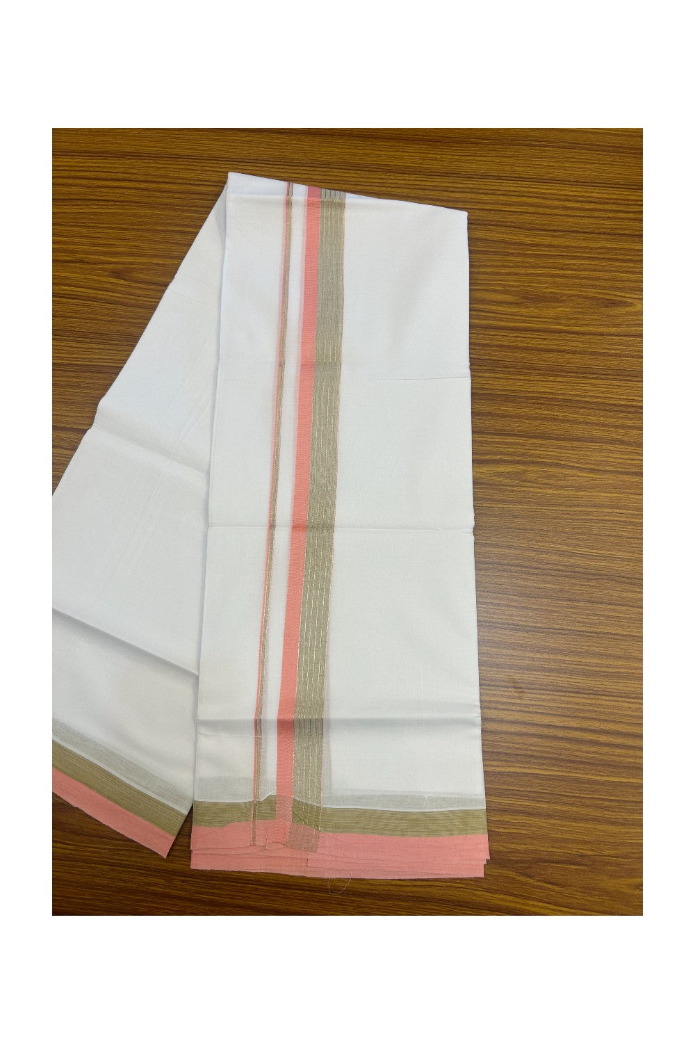 20% DISCOUNT ! KaithariKada Balaramapuram 100% Cotton Double PURE WHITE Mundu/Dhoti - 100X80 - 1.5 inch Silver kasavu Peach & Beige Shaded Stripes kara - 27KK5172PMC