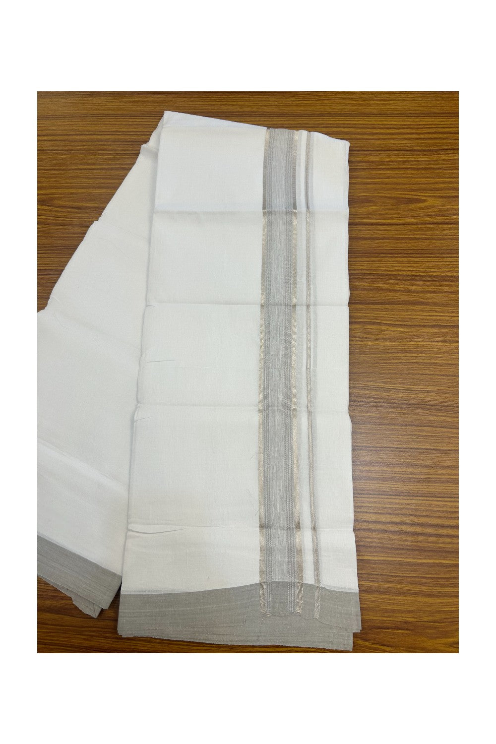 Linen Dhoti NEW! 20% Discount from Kaitharikada.com - Double Mundu/Dhoti 80x90 Thread PURE WHITE - Pure Cotton + Linen -1.75 Inch Ash Grey & Silver Striped Kara - 28KK5174THI