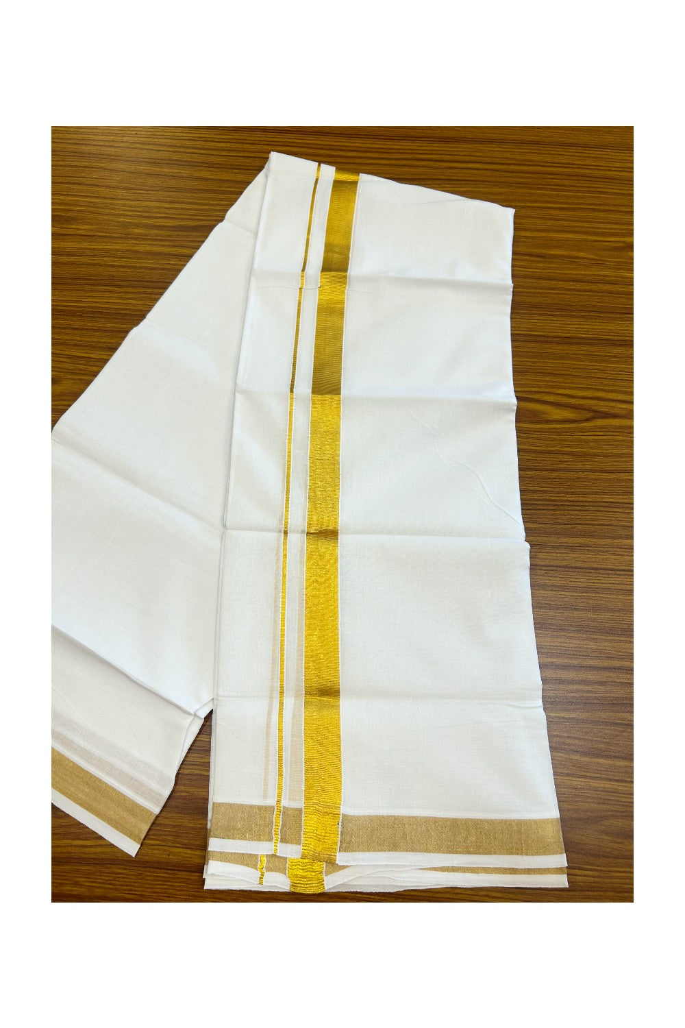 20% DISCOUNT! Kaitharikada Balaramapuram 100% Cotton PURE WHITE Double Mundu/Dothi - 80x80 - 1 Inch Gold Kasav Kara - 28KK5182VAS