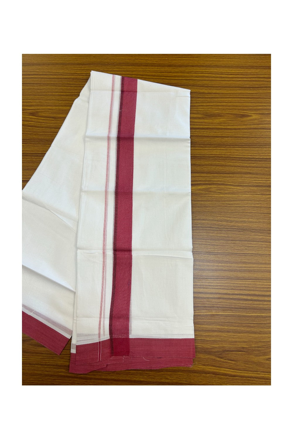 20% Discount ! Kaitharikada Balaramapuram 100% Cotton PURE WHITE Double Mundu/Dothi - 100x80 - 1.5 inch Bright Maroon & Black Side Striped Kara - 28KK5183VIN
