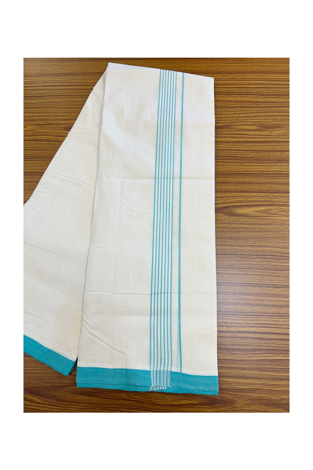 25% DISCOUNT!! KaithariKada HANDLOOM  UNAKKUPAAV Balaramapuram - 100% PURE Cotton OFF White - (Unbleached) Double Mundu/Dothi - 80x100 - 1.5 inch Turquoise blue stripes pattern kara 3.80 meter (8.5 Muzham) - 28KK5209 REA