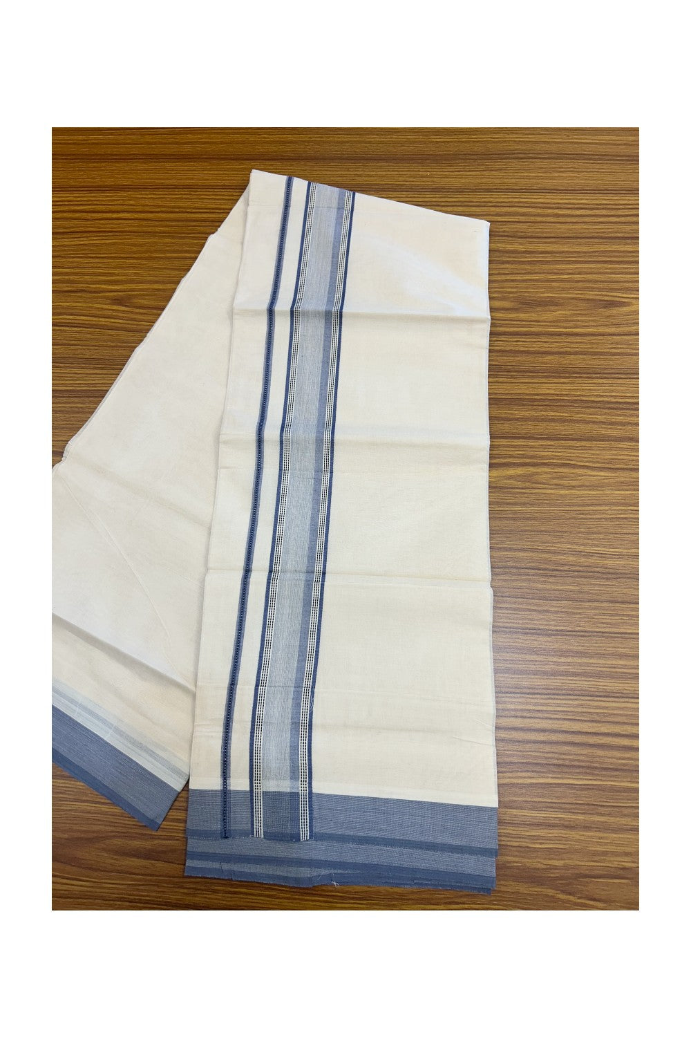 20% DISCOUNT ! KaithariKada Balaramapuram 100%  Cotton OFF WHITE (Unbleached) Double  Mundu/Dhoti - 100X80 - 2 inch Dark Pastel Blue & Black Shaded Designer Kara - 28KK5213 VIN