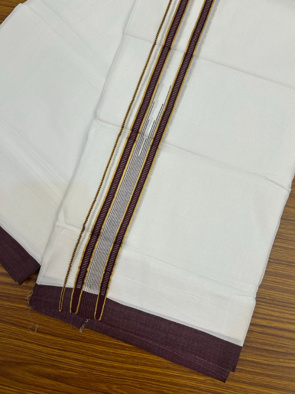 24% Discount! KaithariKada Balaramapuram 100% Cotton Pure white Double Mundu/Dhoti - (100x80)s - 1.5 inch Puliyilakkara Wine Brown Stripes Chutty - 28 KK5258 THI