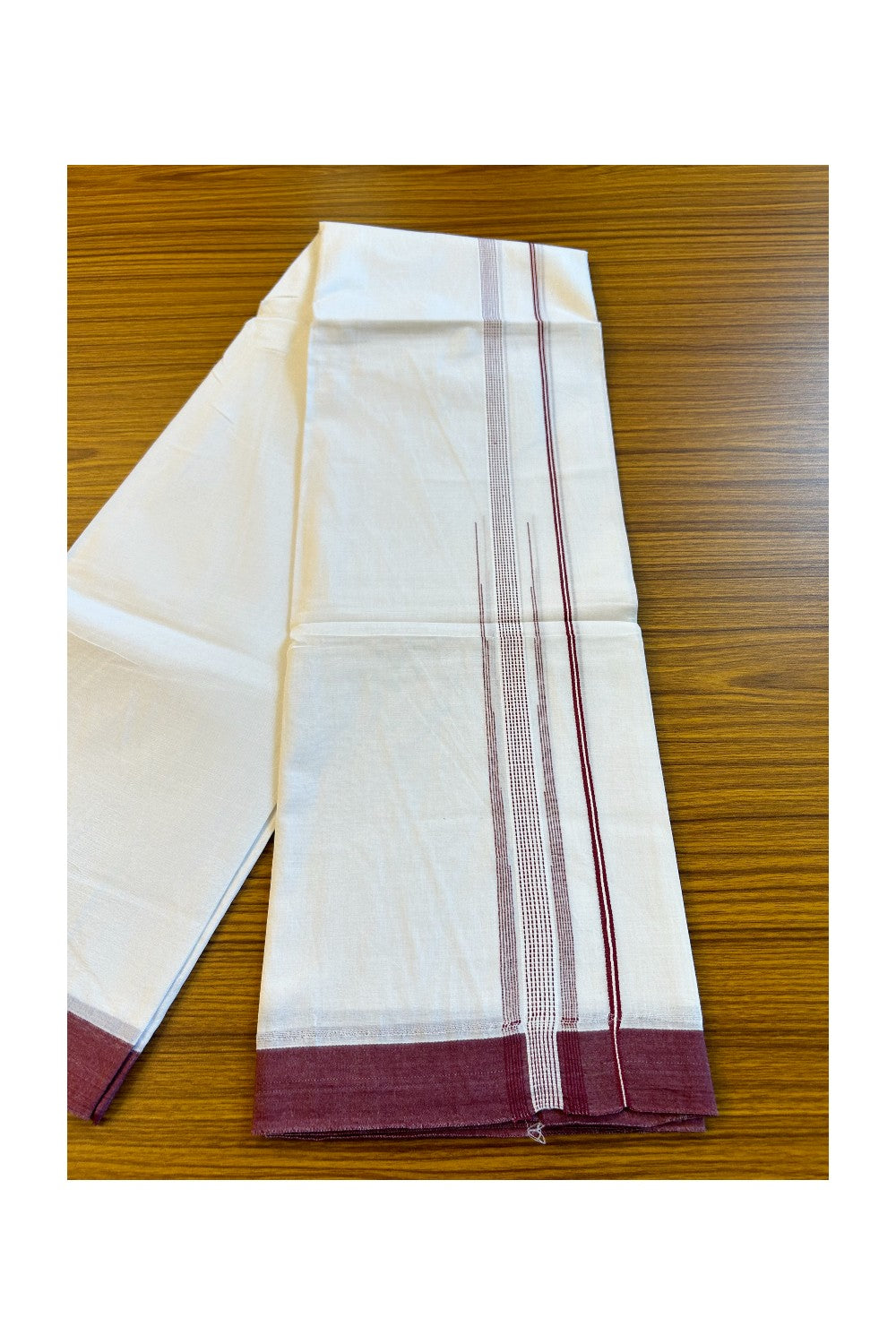 22% DISCOUNT!! Kaitharikada Balaramapuram 100% Cotton PURE WHITE Double Mundu/Dothi-100x100  2 Inch MAROON Striped Cotton Kara 3.80m (8 Muzham) - 28KK74RAM
