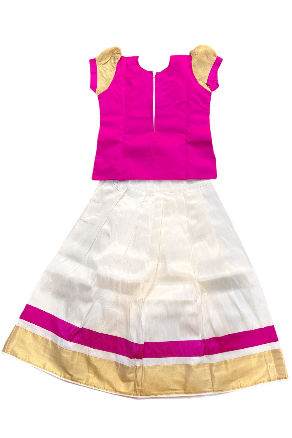 Midukki-Traditional South Indian Kids Pattu Pavada- Magenta top offwhite skirt with kasavu - Age 8 - KK8MID0028